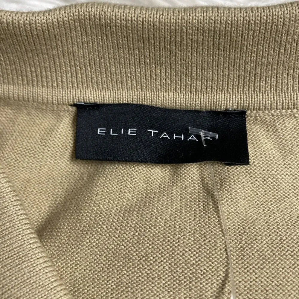 Elie Tahari Polo Shirt Sweater Mens XL Beige Tan Textured Knit Short Sleeve Zip